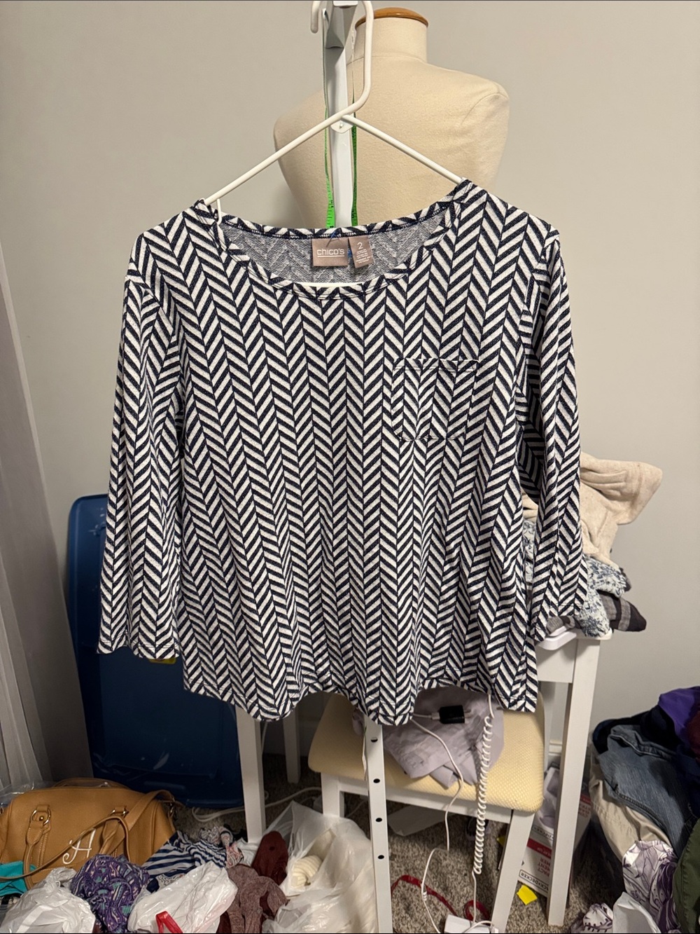 Chico's Navy and White Chevron Long-Sleeve Tee